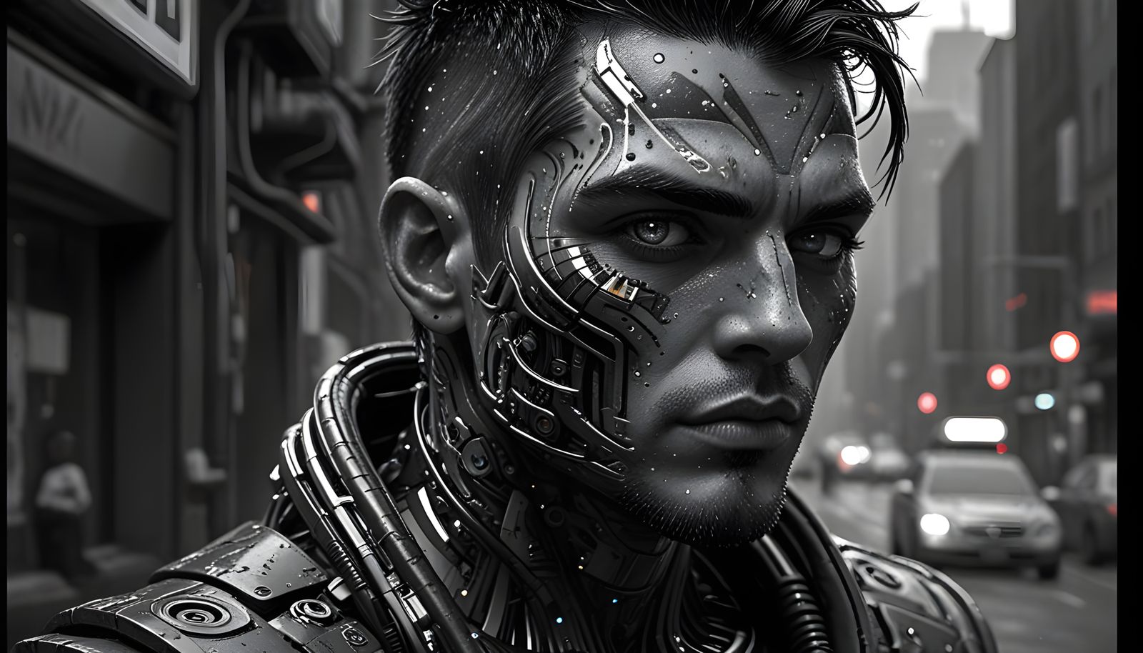 Detailed Black and White Cyberpunk Portrait with 8-Bit Pixel...