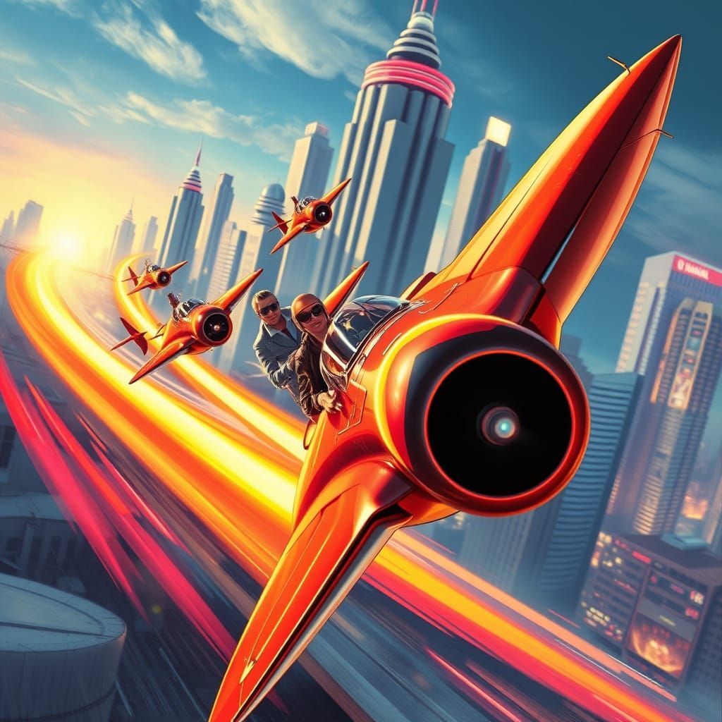 Retro-Futuristic Air Racers Soar Through Chrome Cityscape