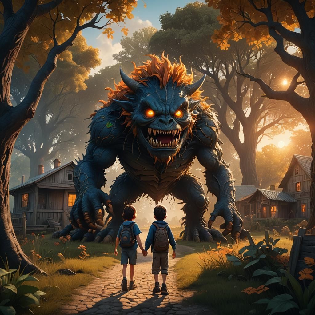 Child and Monster Friendship at Sunset: Matte Painting