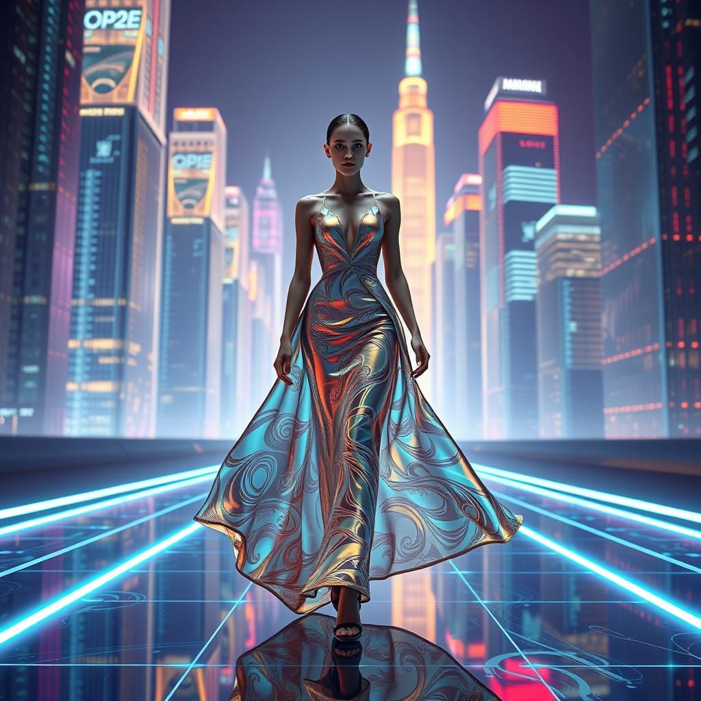 Cyberpunk Fashion Model Struts Down Futuristic Catwalk