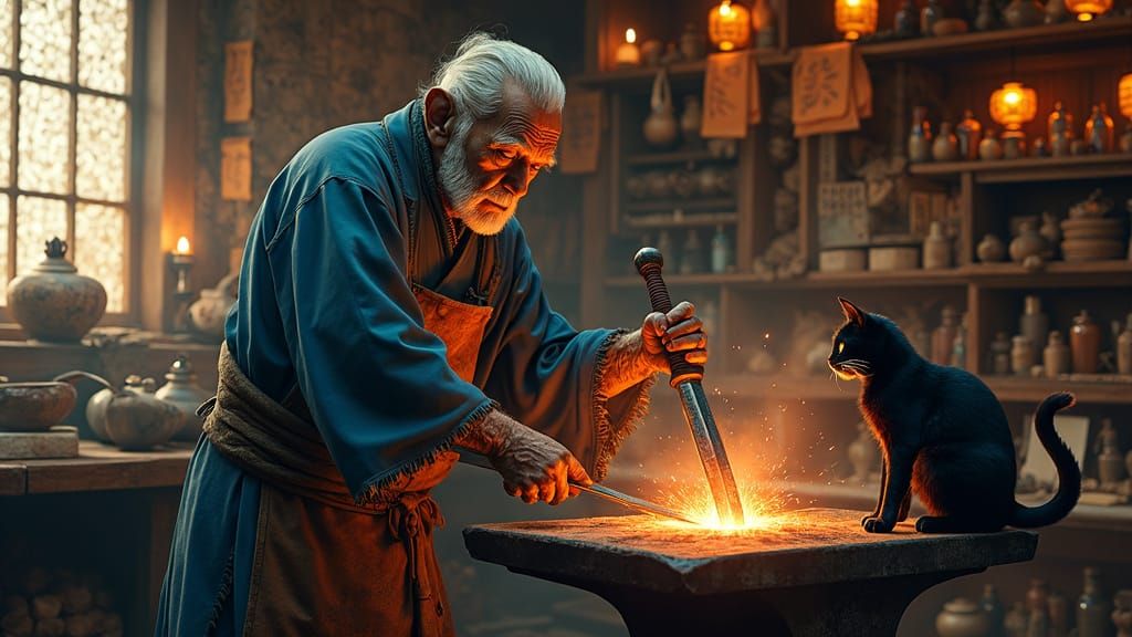 Elderly Swordsmith Forges Katana in Warm, Golden Light