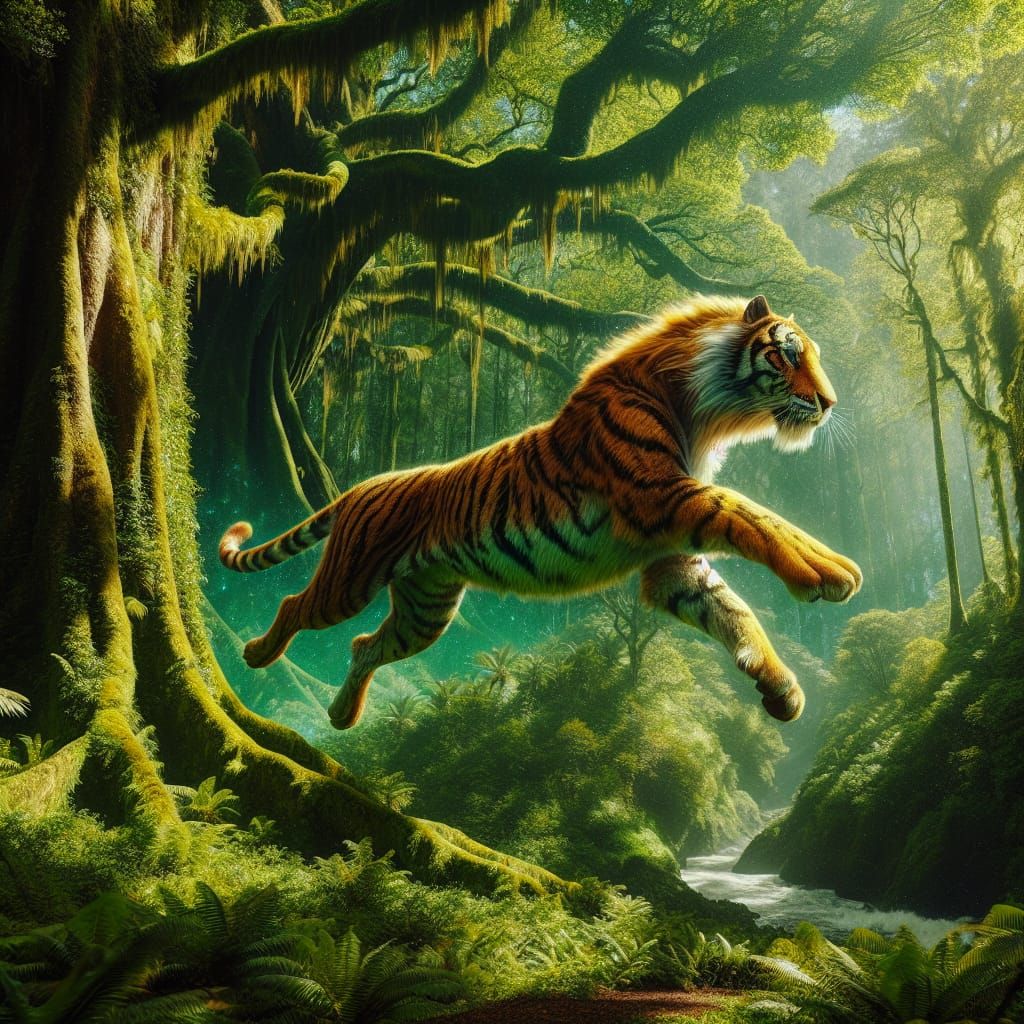 Majestic Giant Tiger Leaps Through Verdant Forest in Cyberpu...