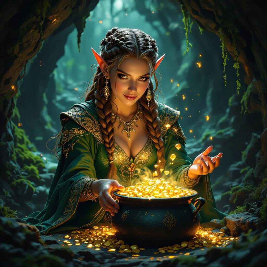 Elegant Elf With Gold Treasure in Ancient Cavern