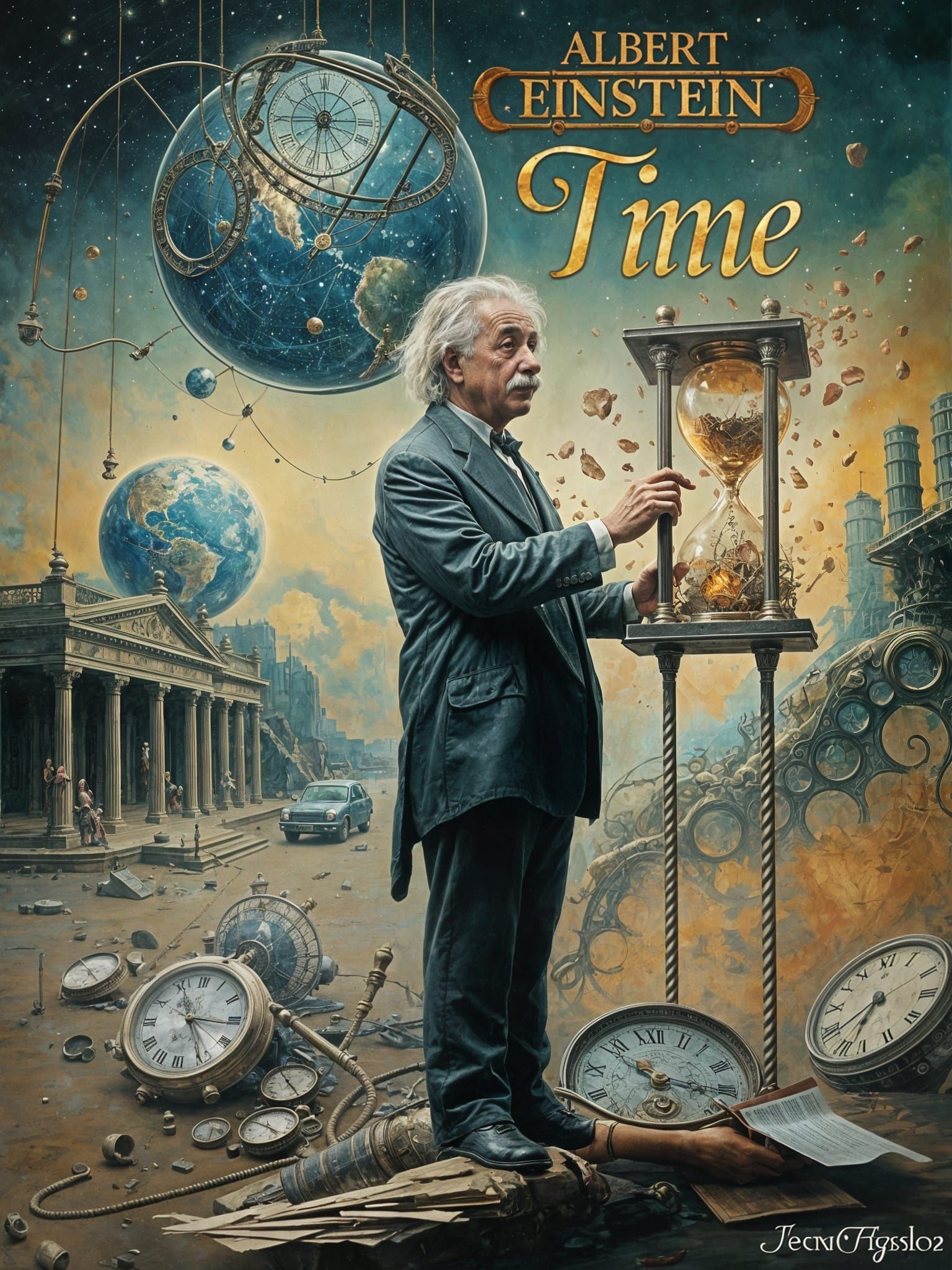 Einstein and Hourglass in Surrealist Style