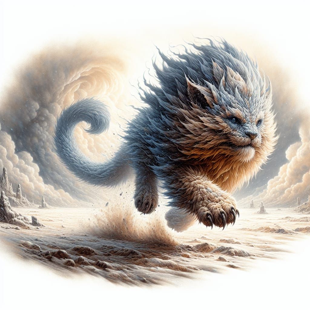 A magical lion cub is running through a sandstorm in the des...