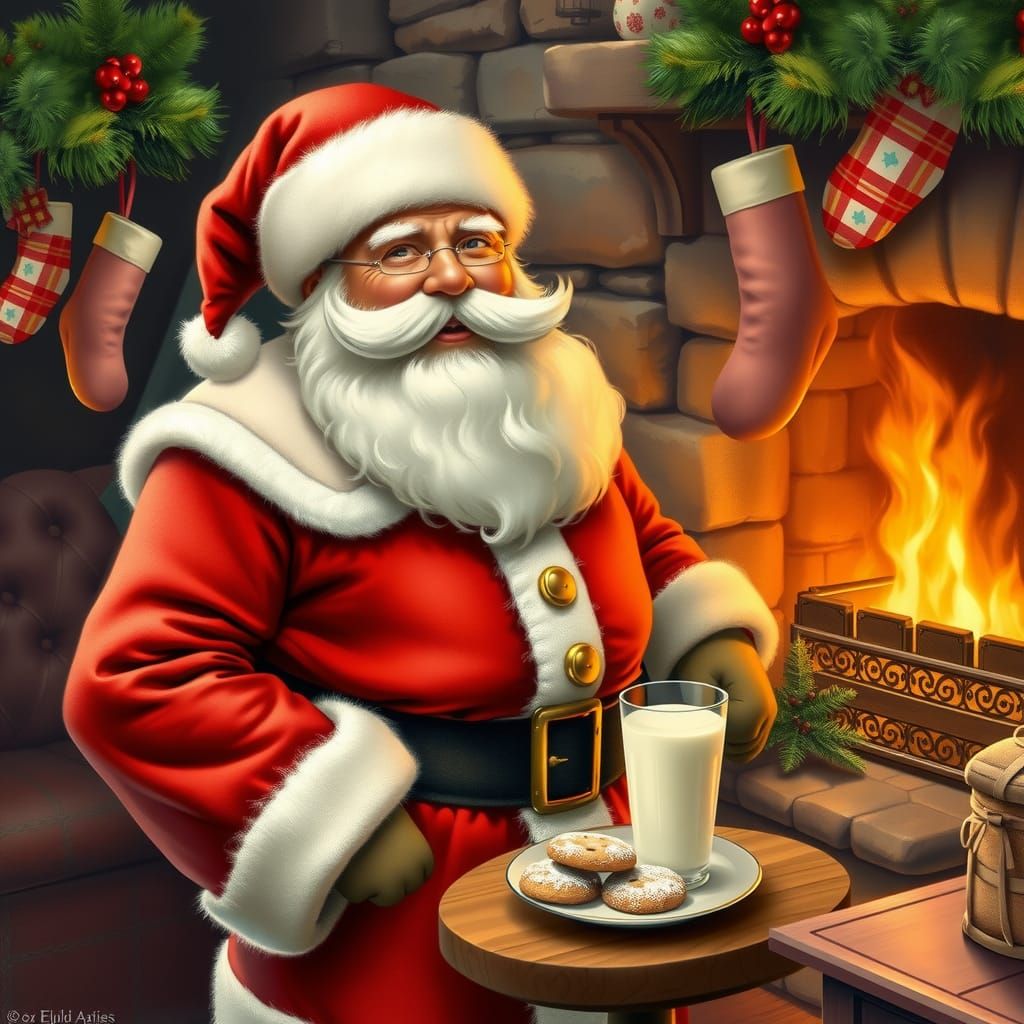 Santa Claus by Fireplace in Rockwell Style