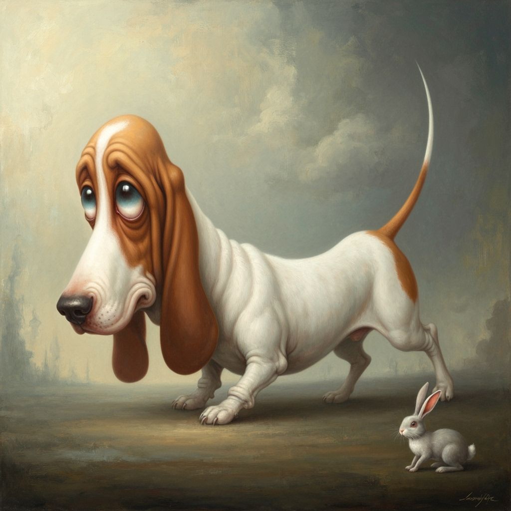 Surreal Basset Hound Glides After Rabbit in Whimsical Oil Pa...