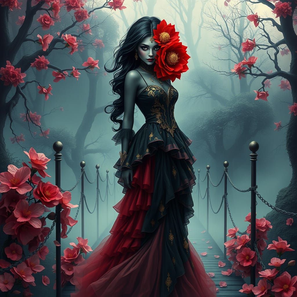 Ethereal Goth Goddess on a Dreamlike Bridge