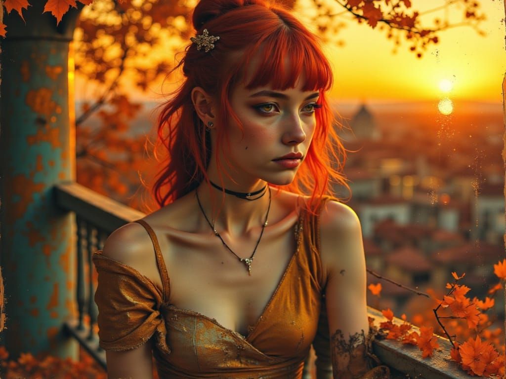 Sad Ginger Princess in Cyberpunk Fairycore Sunset Portrait