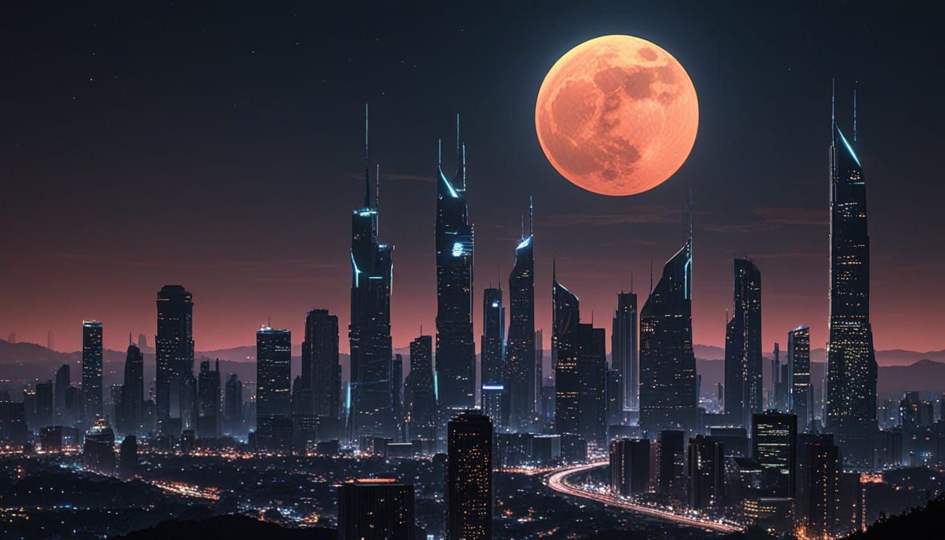 Surreal Futuristic Cityscape under a Starry Night Sky with a...