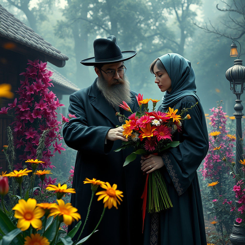 Hasidic Man Offers Flowers in Fantasy Setting