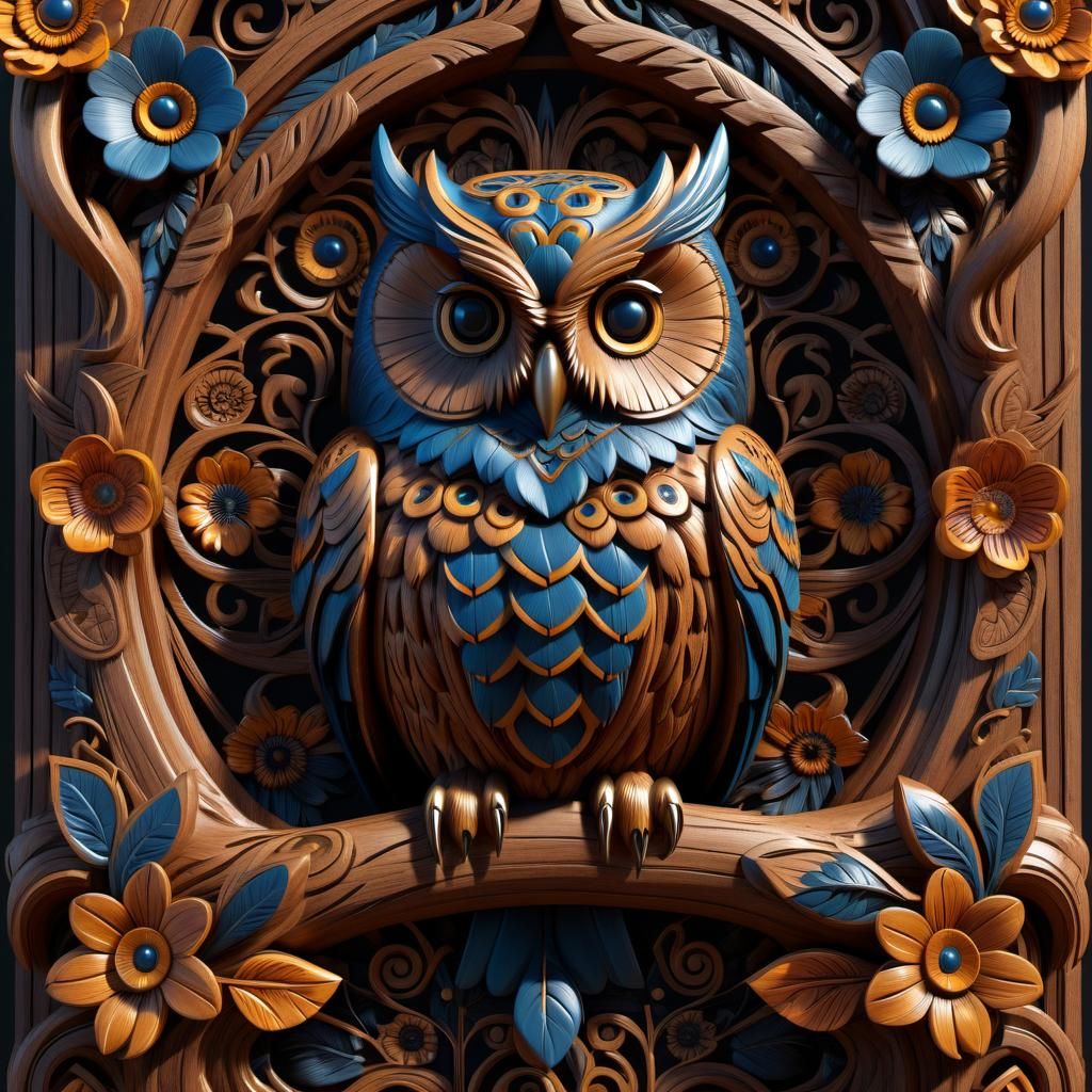 Detailed Owl Wood Carving with Intricate Motifs
