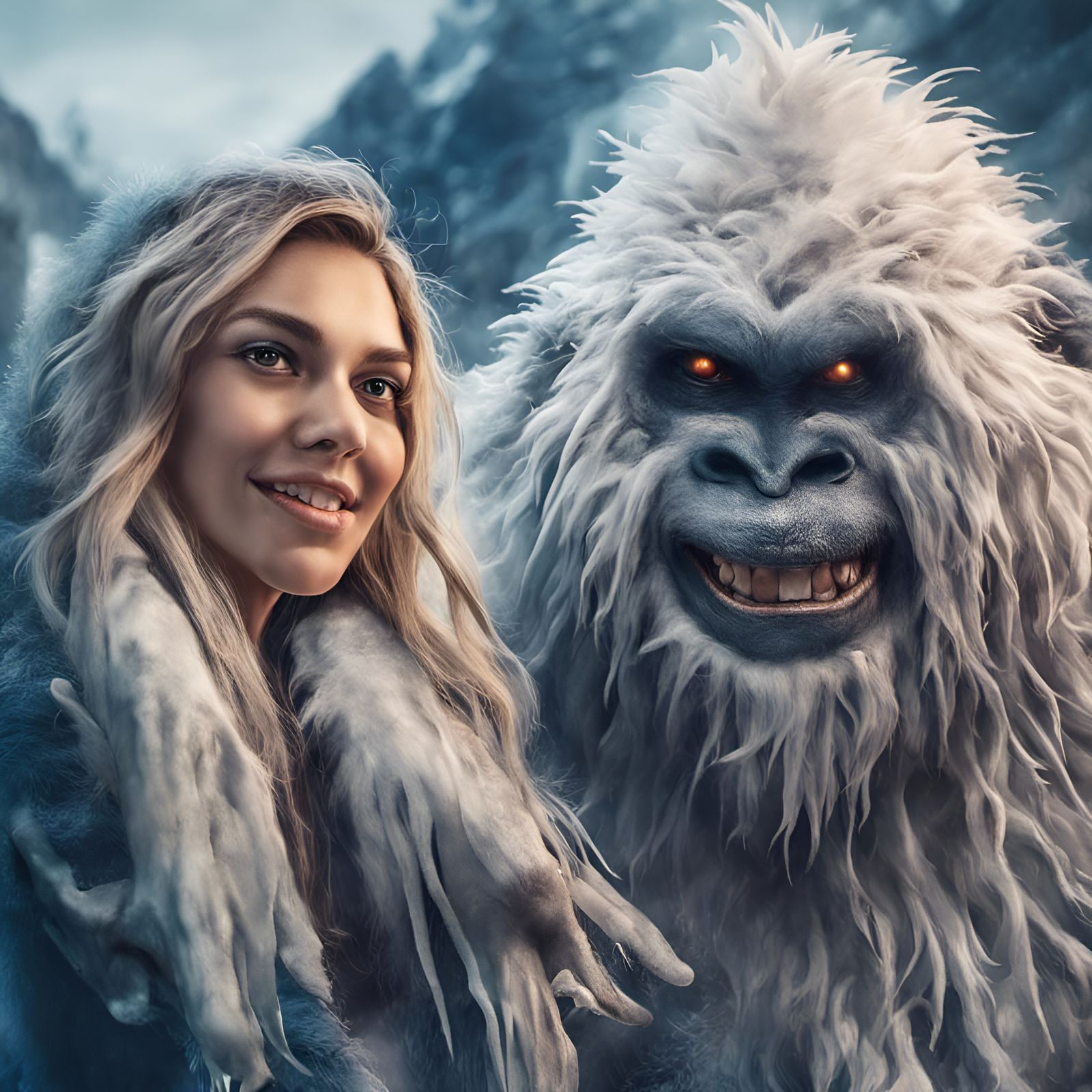 Woman and Yeti Selfie: Hyperrealistic Digital Masterpiece
