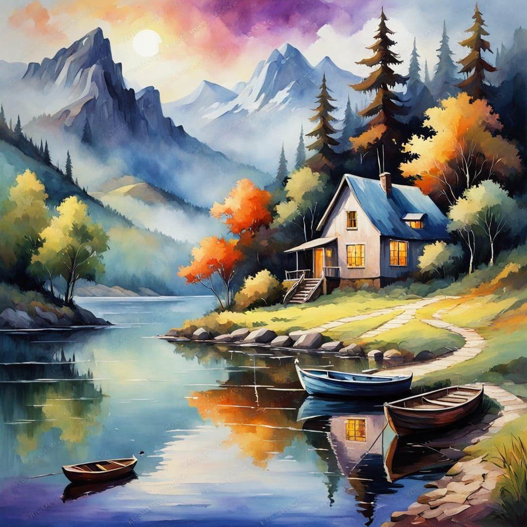 Whimsical Watercolor Scene of a Peaceful Lake House