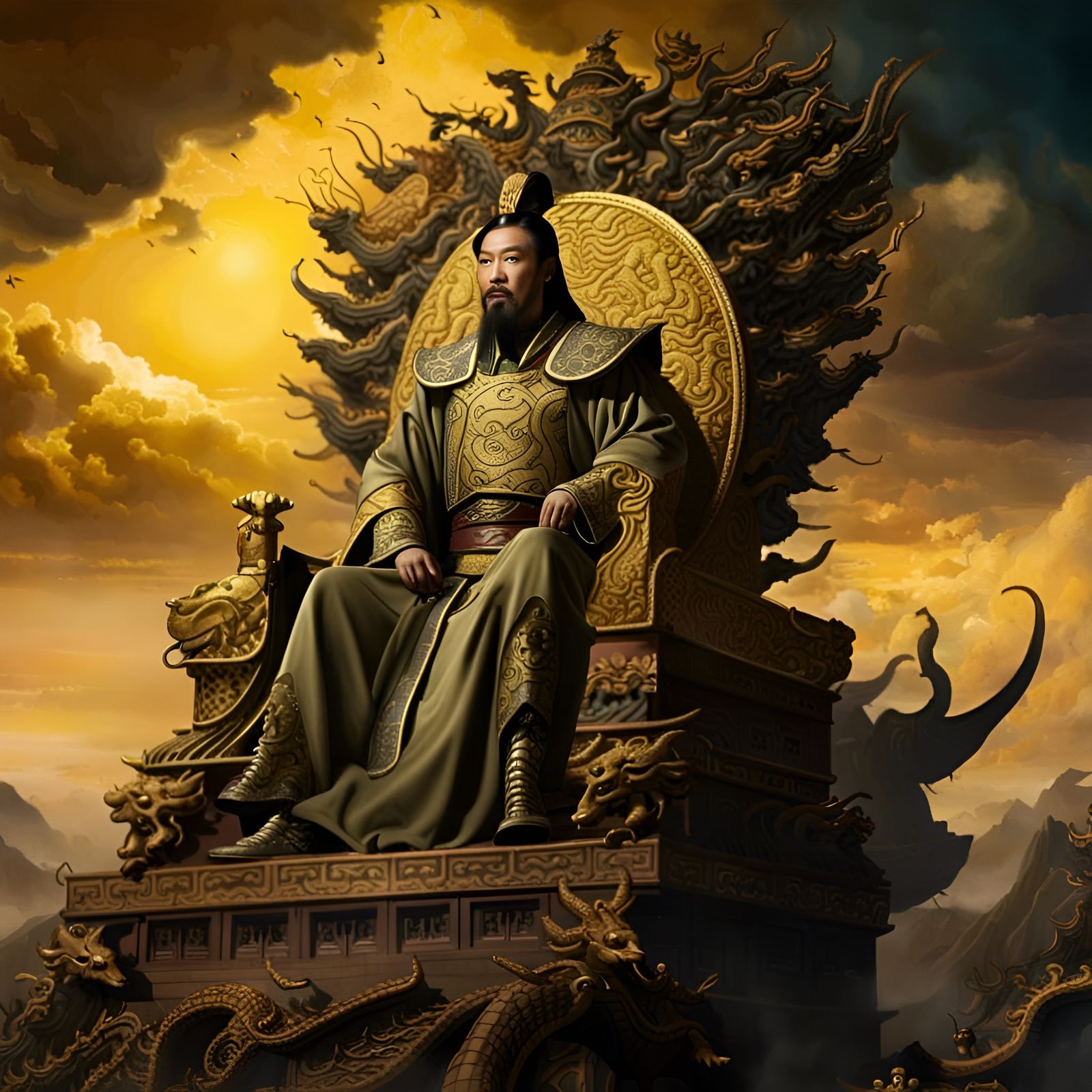 Qin Shi Huang on Dragon Chair in Golden Sky