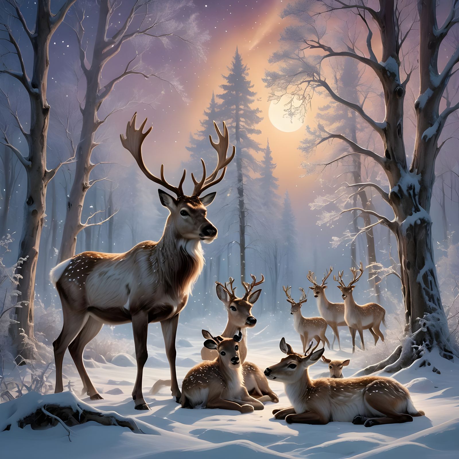 Enchanted Reindeer Family Under Aurora Borealis