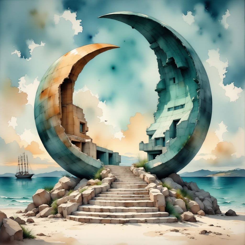 Bronze Moon Sculpture on Beach in Watercolor Style