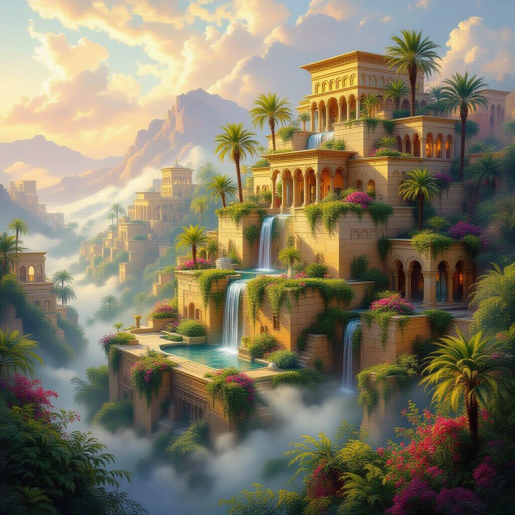Lush Hanging Gardens of Babylon in Ethereal Light