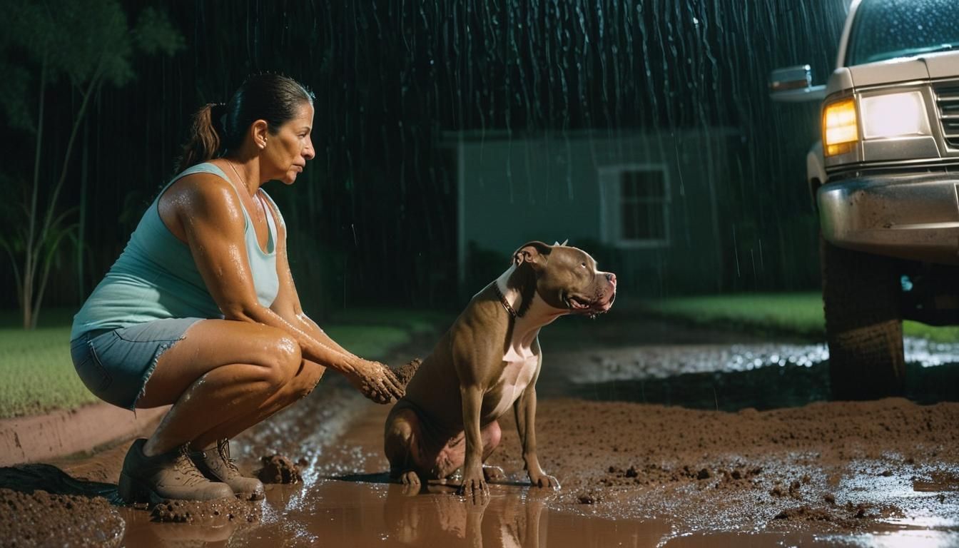 Compassionate Woman Rescues Pitbull in Rainy Night