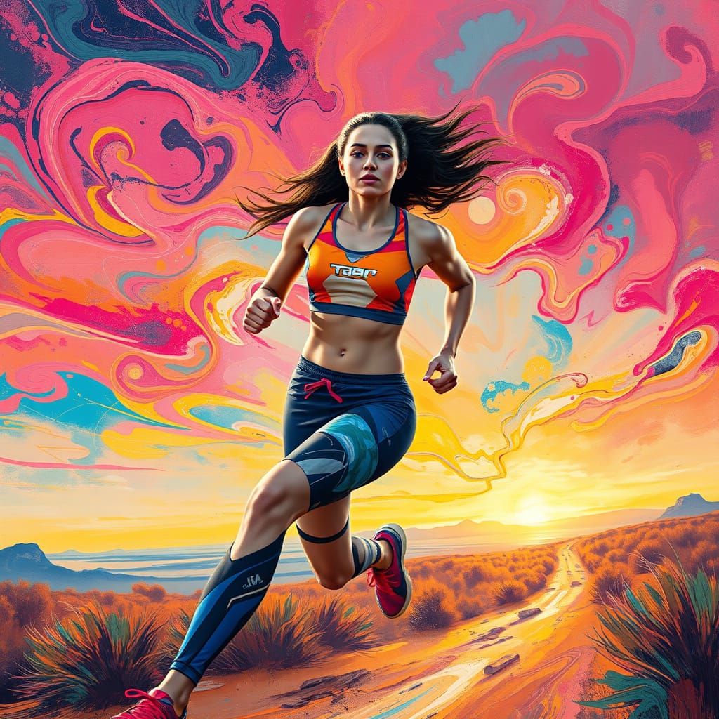 Woman Sprits Towards Horizon in Surreal Dreamscape