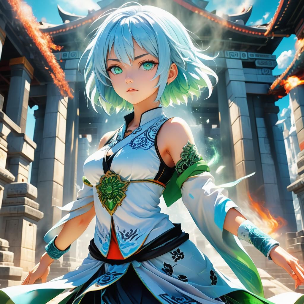 Anime Girl in Sacred Temple with Elemental Powers