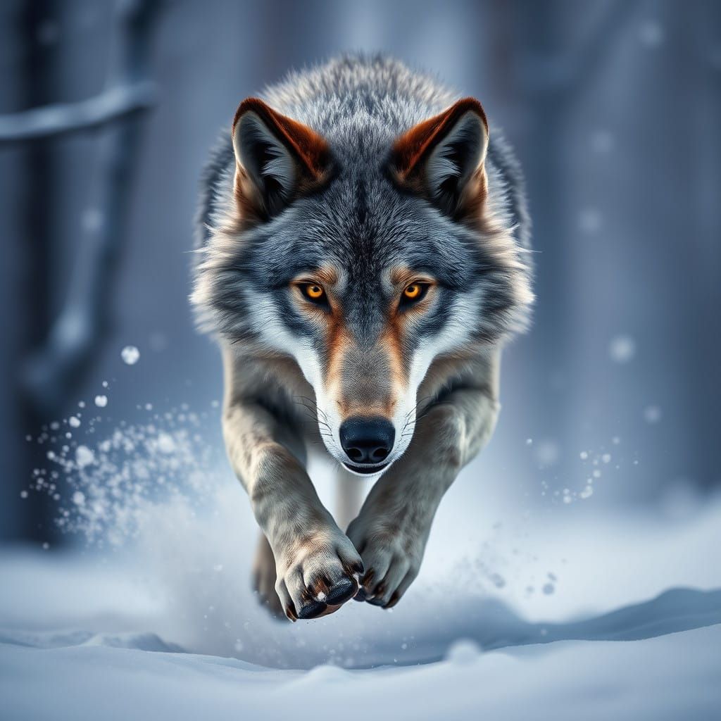 Majestic Wolf Charges Through Snowy Forest