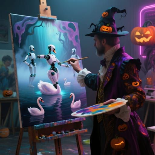 Halloween Artist Paints Robotic Swan Lake in Studio