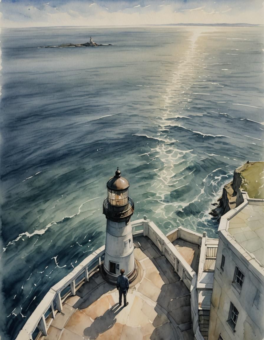 Watercolor Lighthouse Keeper Gazing at the Sea