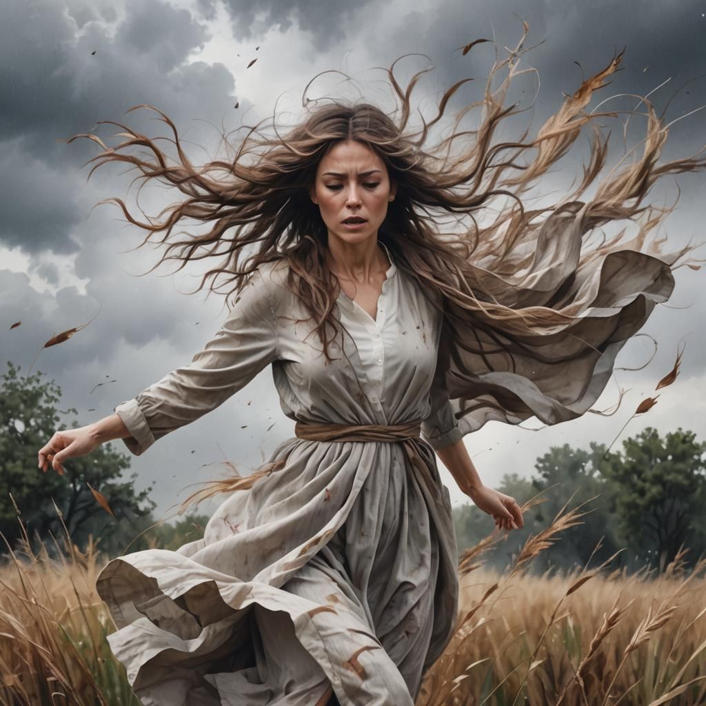 Woman in Tempestuous Wind: Hyper-Realistic Digital Art
