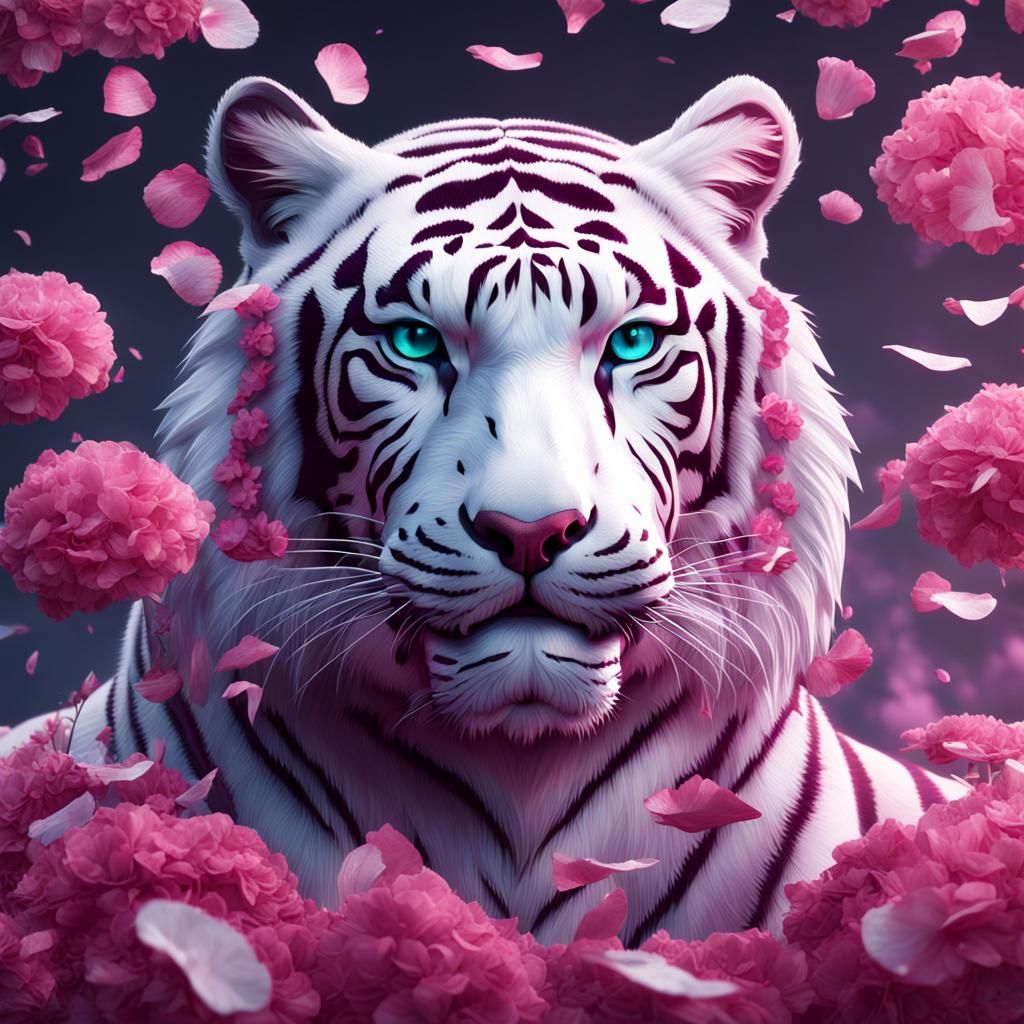 Floral White Tiger with Pink Stripes: Fantasy Art