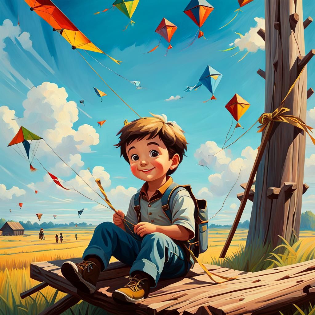 Child Smiles at Kites in Surrealist Oil Painting