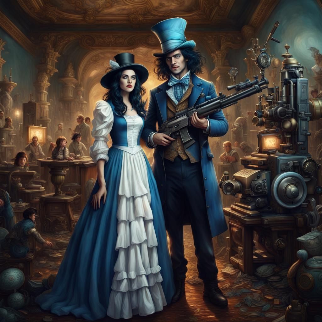 Steampunk Mad Hatter and Armed Woman Portrait