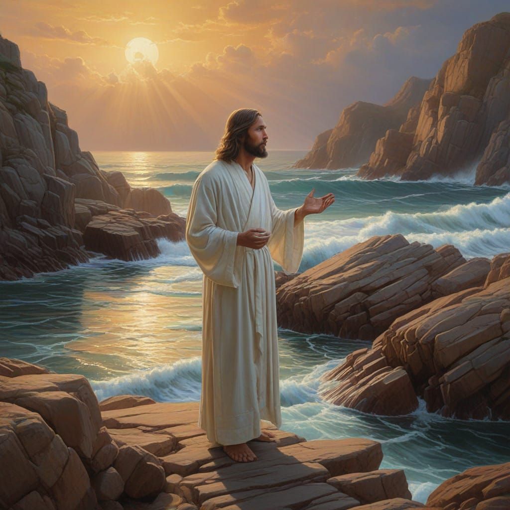 Surreal Scene of Jesus Walking on Water in a Stormy Ocean