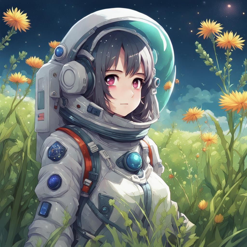 Anime Girl in Spacesuit on Alien Grassland