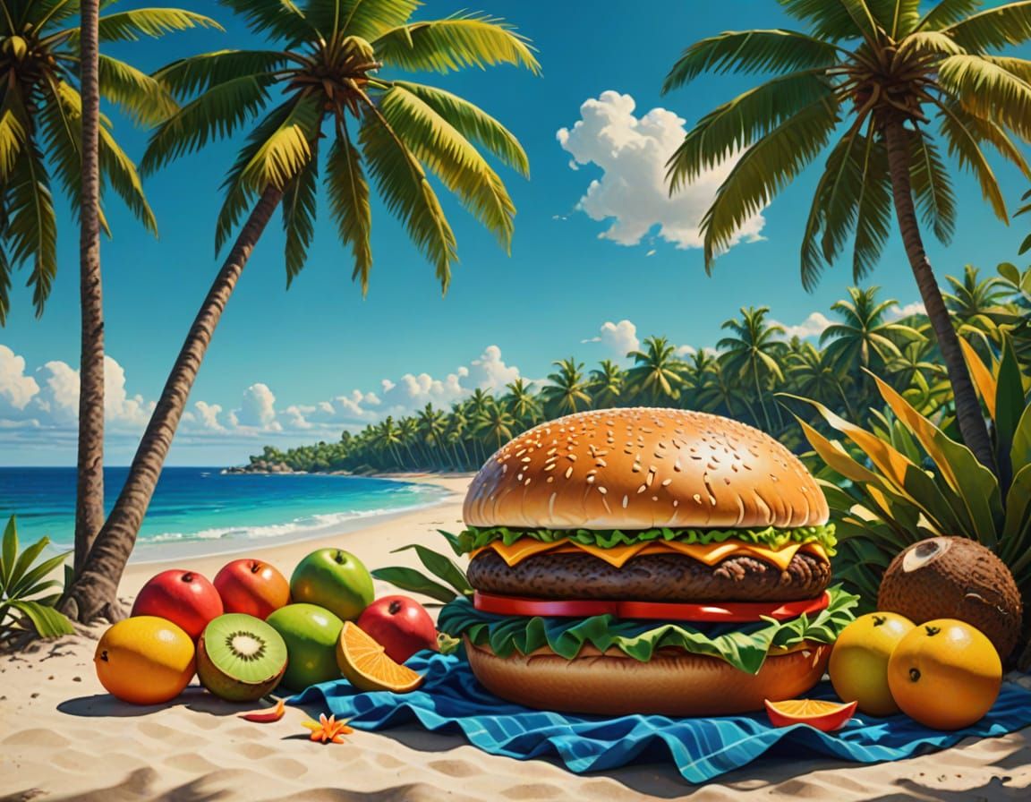 Vibrant Tropical Scene with Coconuts and a Giant Cheeseburge...
