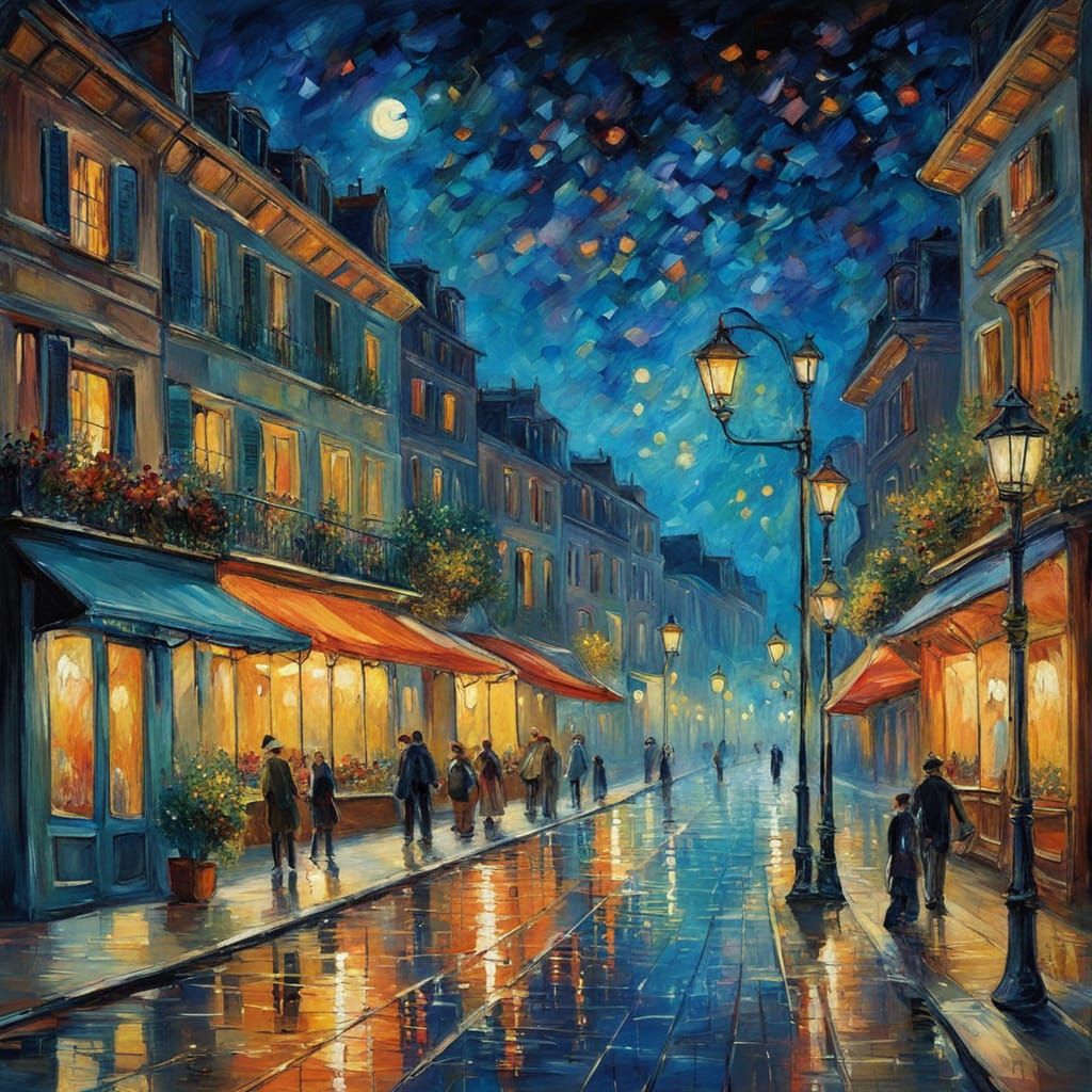 Impressionist Seaside Boulevard at Night