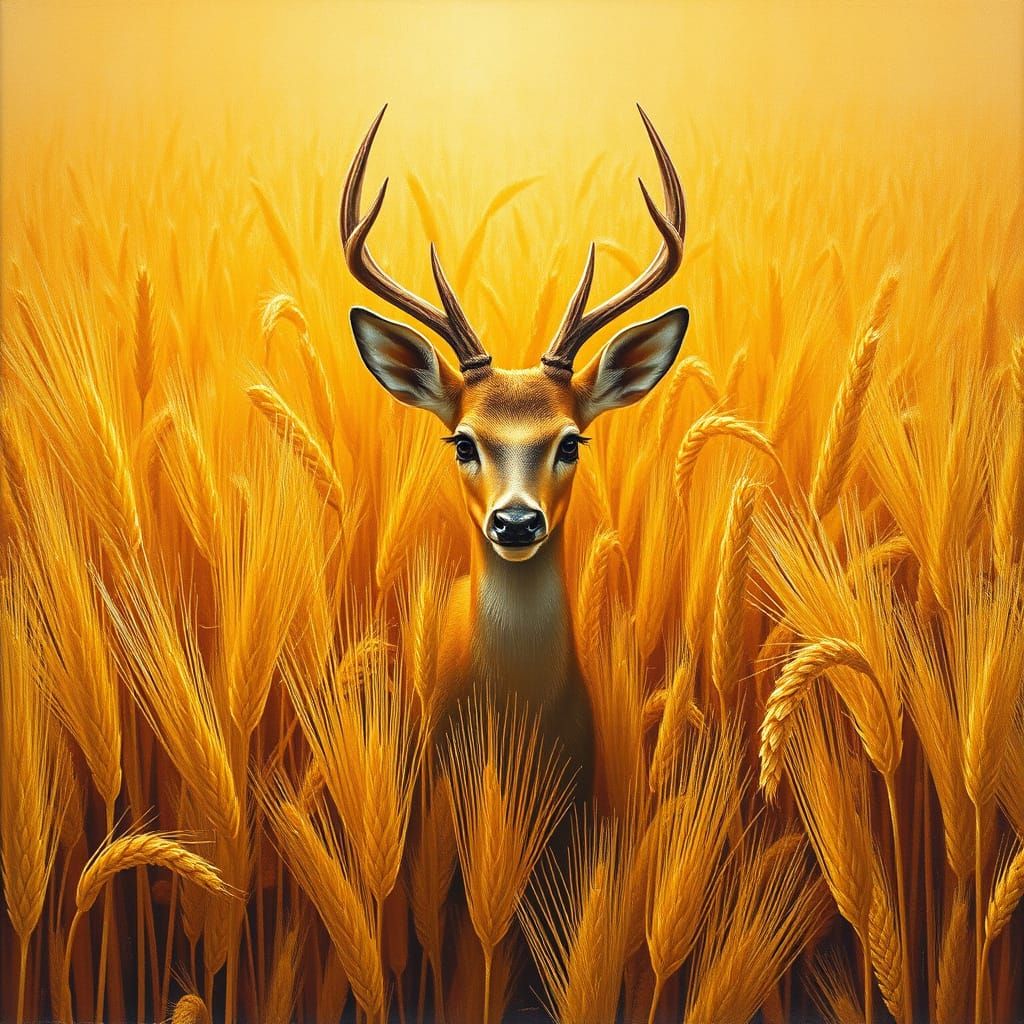 Golden Wheat Field with Majestic Deer Head in Warm Sunlight