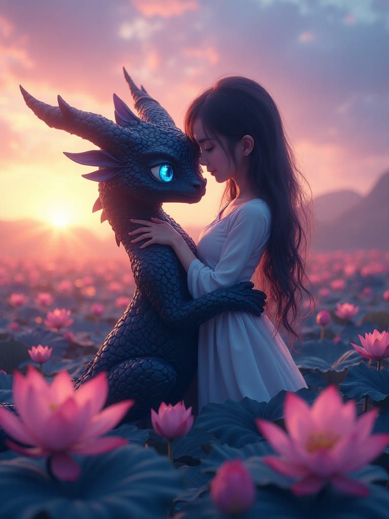 Dragon's Twilight Embrace: Hyperrealistic Anime Fantasy