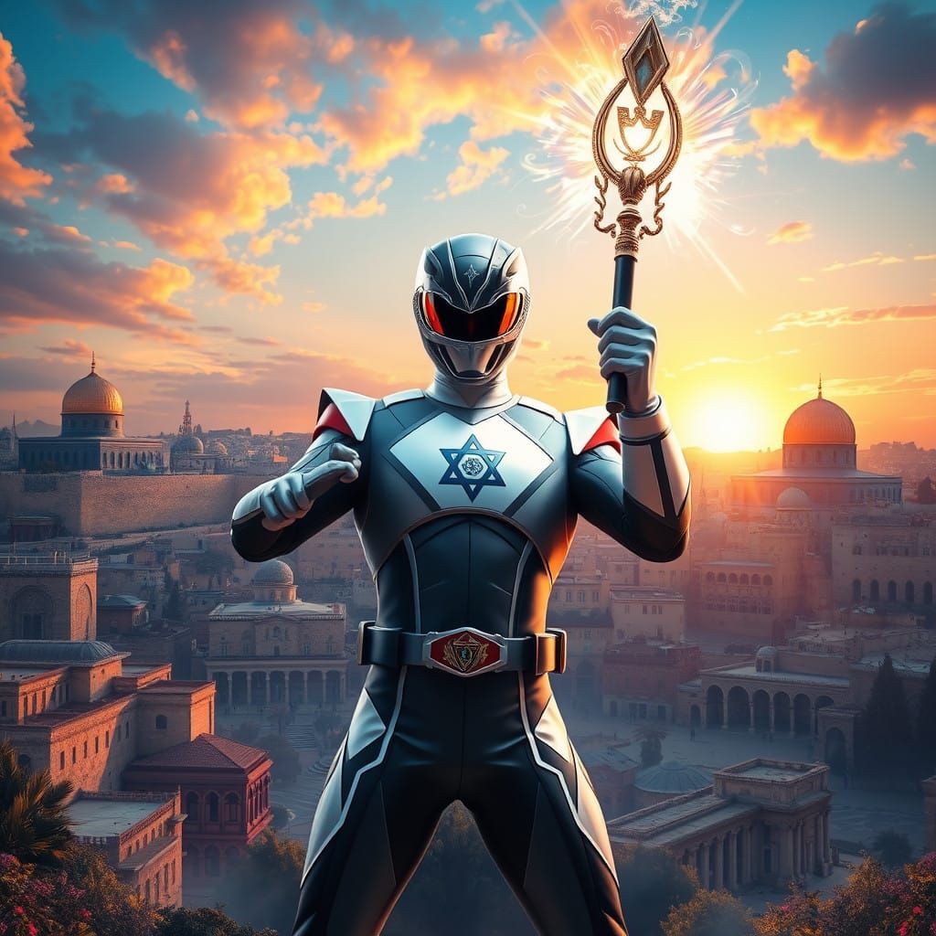 Powerful Israel Power Ranger Towers Over Jerusalem Cityscape