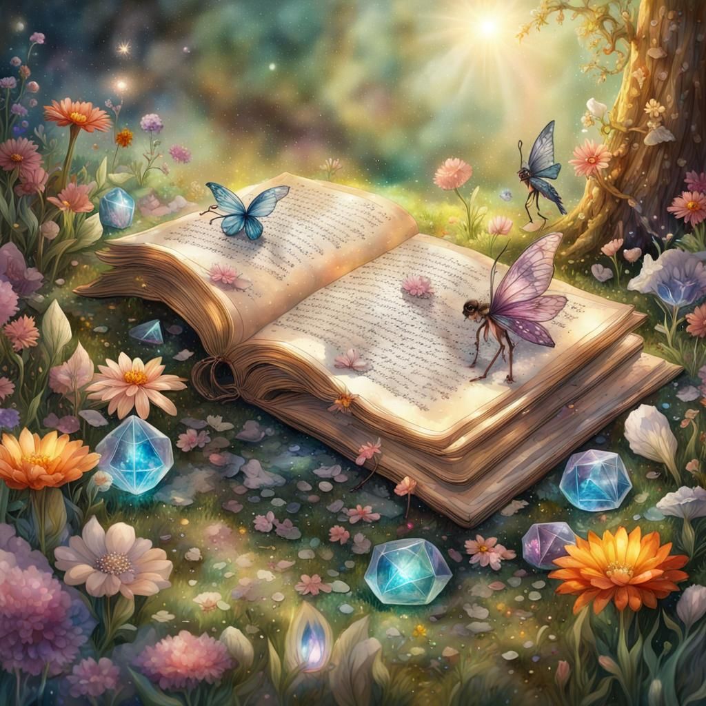 Enchanted Fairy Book in Blooming Garden, Watercolor Style