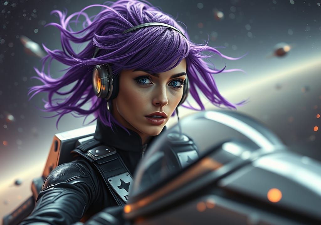 Purple-Haired Alien Pilot in Starry Battle