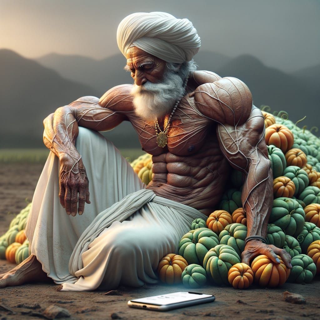 Strong Indian Farmer with Magical Fruits: Ultra-Realistic Im...