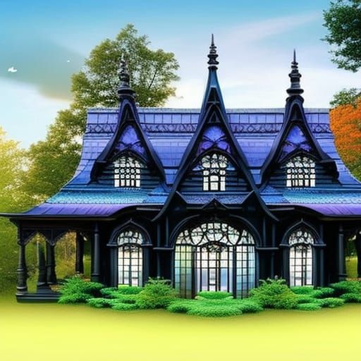 Eco friendly black gothic house with Circular windows& Eco Friendly vibes& fractals vibes& gothic vibes& ethereal vibes&...