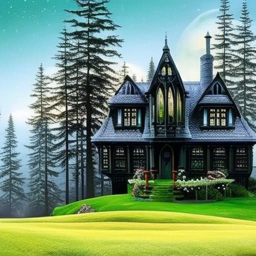 Eco friendly black gothic house with Circular windows& Eco Friendly vibes& fractals vibes& gothic vibes& ethereal vibes&...