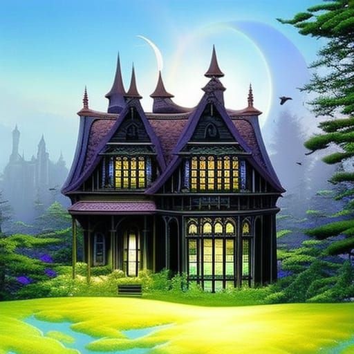 Eco friendly black gothic house with Circular windows& Eco Friendly vibes& fractals vibes& gothic vibes& ethereal vibes&...