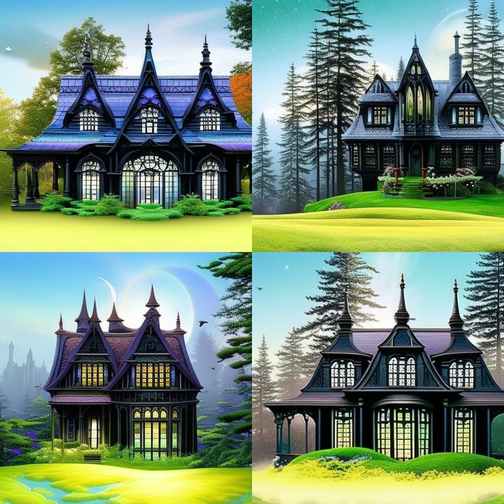 Eco friendly black gothic house with Circular windows& Eco Friendly vibes& fractals vibes& gothic vibes& ethereal vibes&...