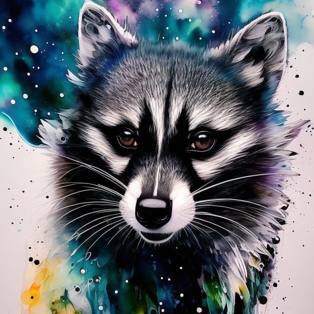 Monochrome Racoon Portrait in Ink and Gouache Style