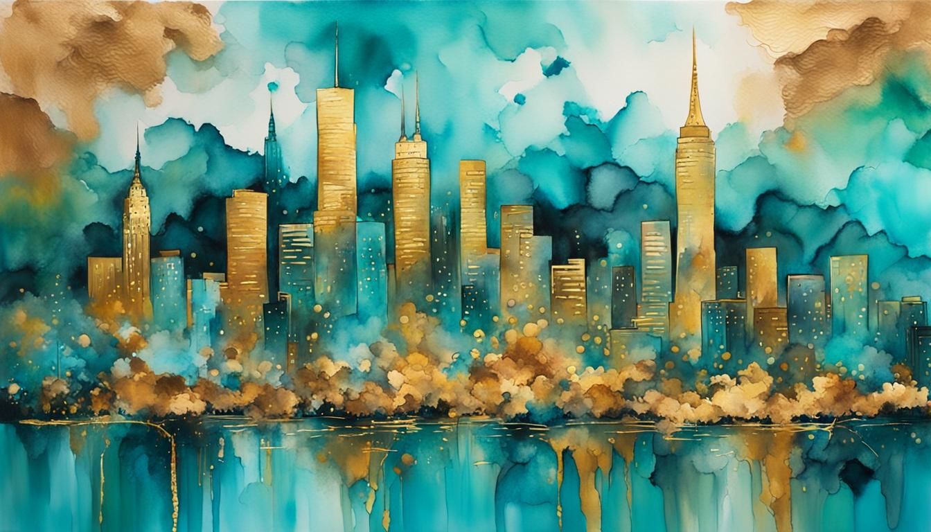 Turquoise and Gold Cityscape in Gouache Style