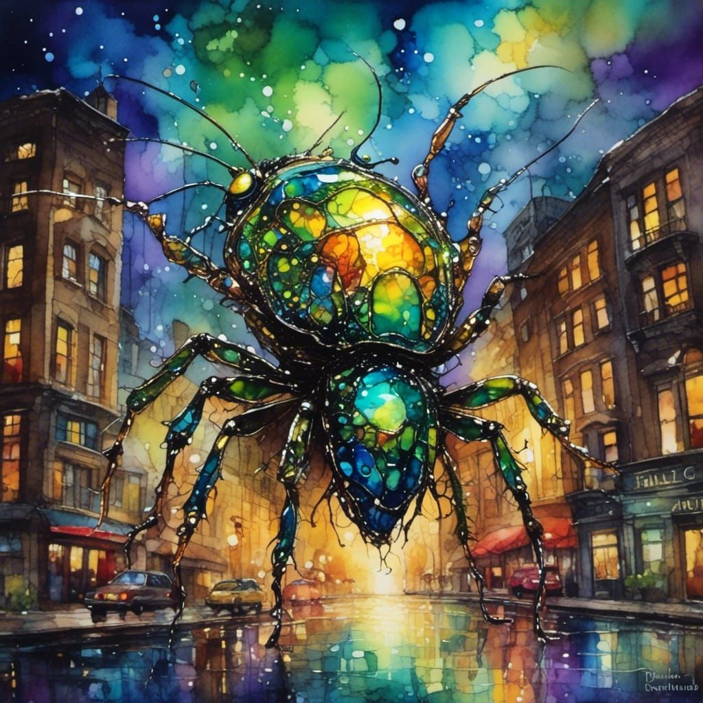<lora:Little Whimsy:1.0> <lora:PR Alcohol WC Glass:1.0> Alcohol ink of a gigantic lightning bug whose light shines on th...
