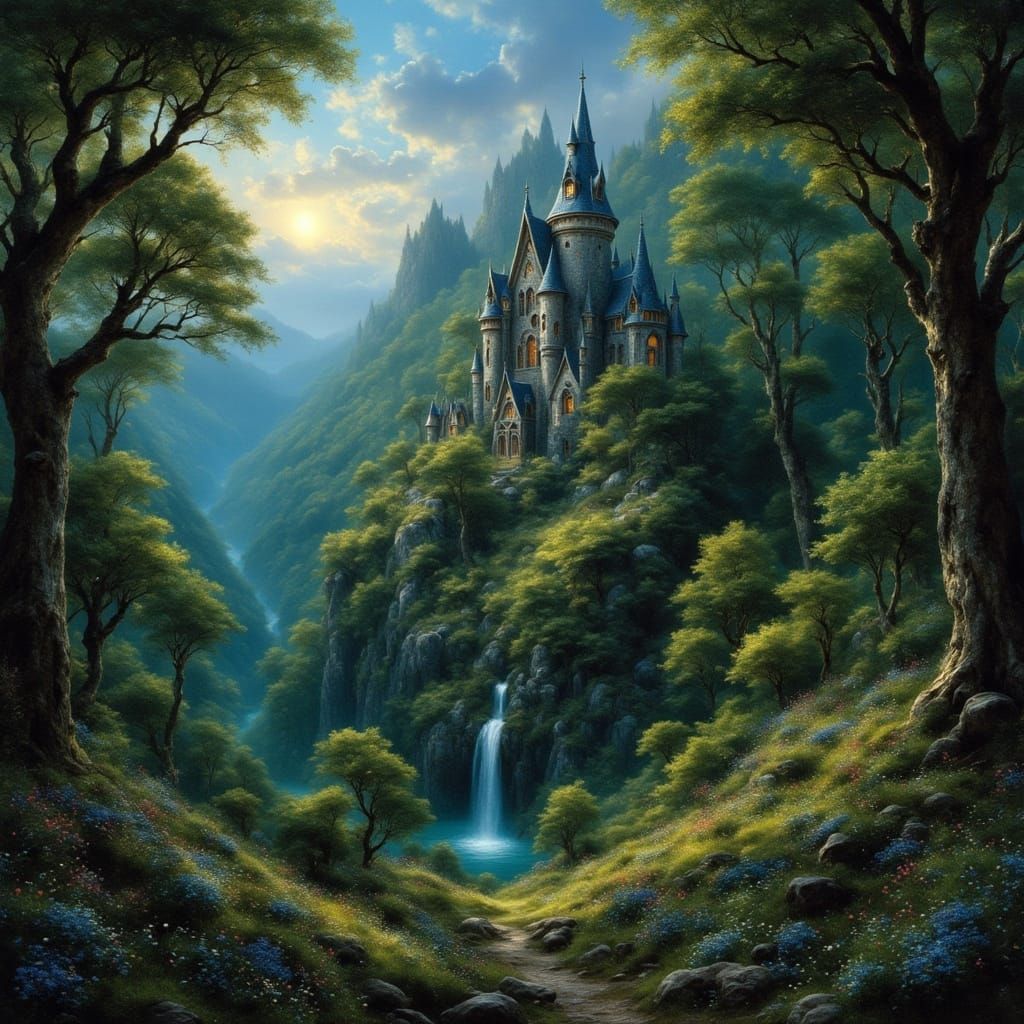 Ethereal Elven Keep in Vibrant Forest at Moonlight